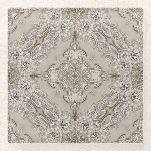 グラマークリームベージュラインストーンフローラレース ガラスコースター (正面)