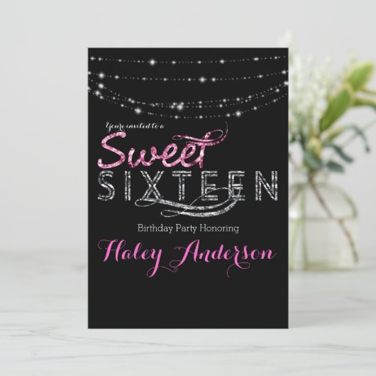 グラマーグリッターライトスウィート16パーティーピンクブラック 招待状 (スタンド正面)