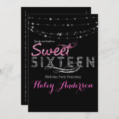 グラマーグリッターライトスウィート16パーティーピンクブラック 招待状 (正面/裏面)