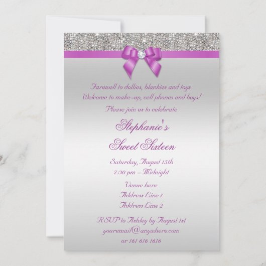 グラマースイート16シフェイクルバーシーキンズパープルボウ 招待状 (裏面)