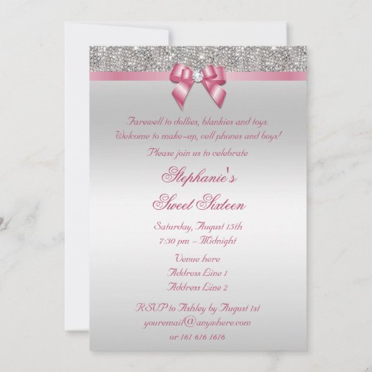 グラマースイート16シフェイクルバーシーキンズピンクボウ 招待状 (裏面)