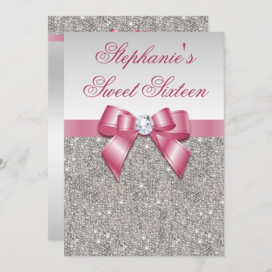 グラマースイート16シフェイクルバーシーキンズピンクボウ 招待状 (正面/裏面)