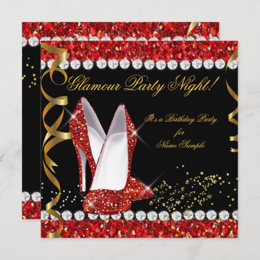 グラマーパーティーナイトレッドグリッター金ゴールドブラックシューズ 招待状 (正面/裏面)