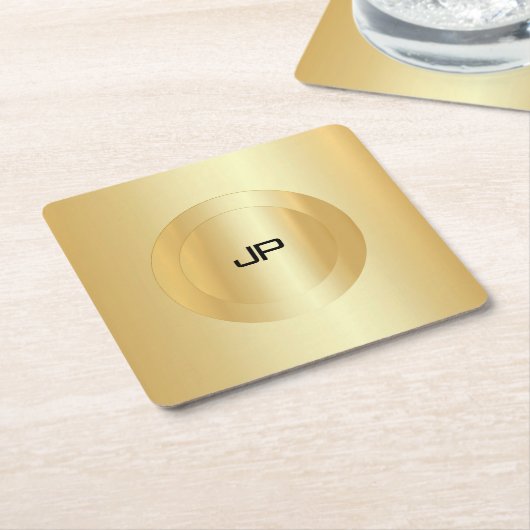 グラマーフェイク金ゴールドモノグラムパーソナライズされたテンプレート スクエアペーパーコースター (アングル)