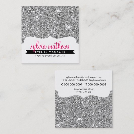 グラマーモダングリッタースタイリッシュ銀輝きピンク スクエア名刺 (正面/裏面)