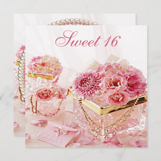 グラマー宝石，ピンクの花と箱スウィート16 招待状 (正面/裏面)