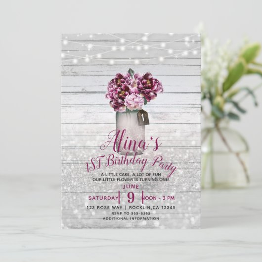 グラマー素朴ウッドメイソンジャール花1st誕生日 招待状 (スタンド正面)