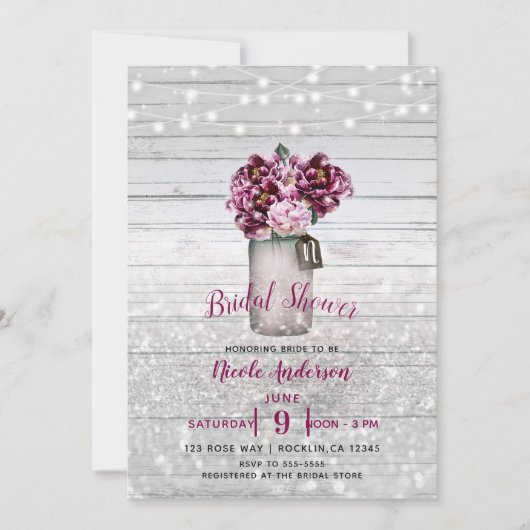 グラマー素朴ウッド&ブルゴーニュMason Jarの花 招待状 (正面)