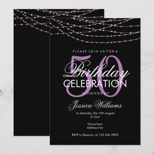 グラマー薄紫ライト50誕生日 招待状 (正面/裏面)