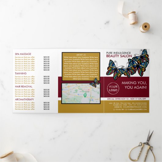 グラマー蝶、美しいサロントリフォールドフライヤー 三つ折り招待状 (外部)