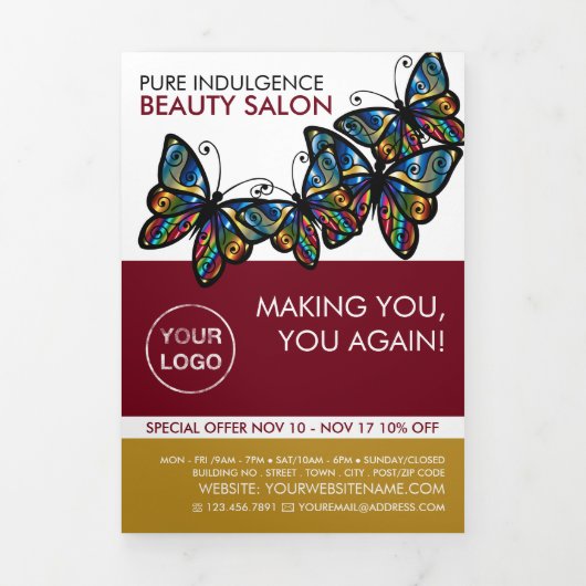 グラマー蝶、美しいサロントリフォールドフライヤー 三つ折り招待状 (カバー)