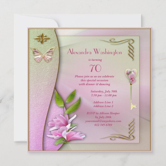 グラマー鍵、マグノリア&バタフライ70誕生日 招待状 (裏面)