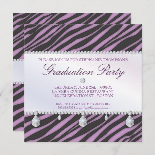グラマー·ガール·ゼブラとダイヤモンドの卒業パーティー 招待状 (正面/裏面)