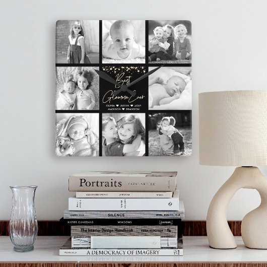 グラマ最高のーマ8フォトコラージュ金ゴールドグリッターシック スクエア壁時計