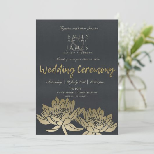 グラマ淡い色のラス金ゴールドブラックロータス結婚フローラ 招待状 (スタンド正面)