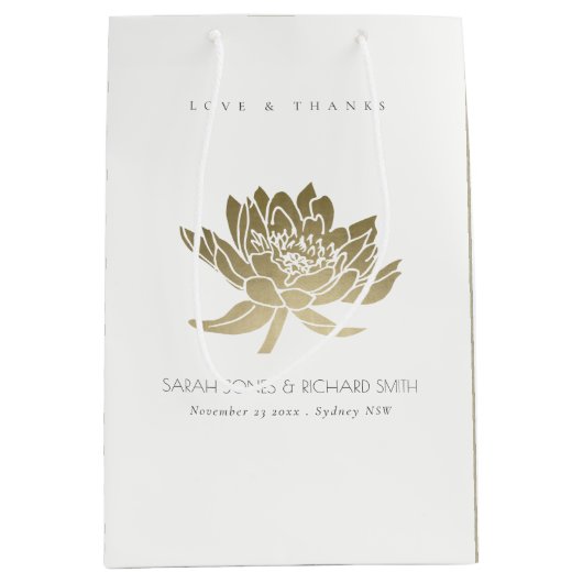 グラマ淡い色のラス金ゴールドホワイトロータス結婚フローラ ミディアムペーパーバッグ (正面)