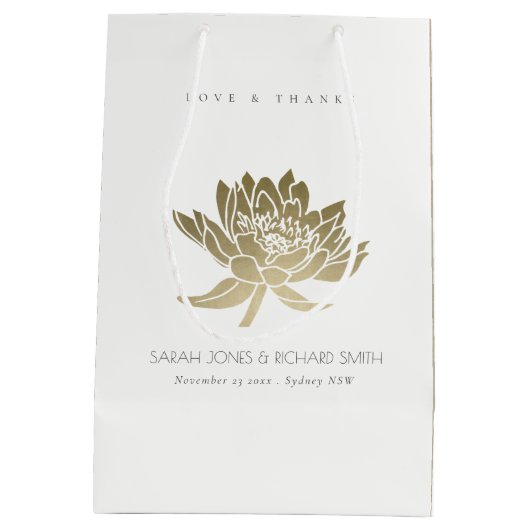 グラマ淡い色のラス金ゴールドホワイトロータス結婚フローラ ミディアムペーパーバッグ (裏面)