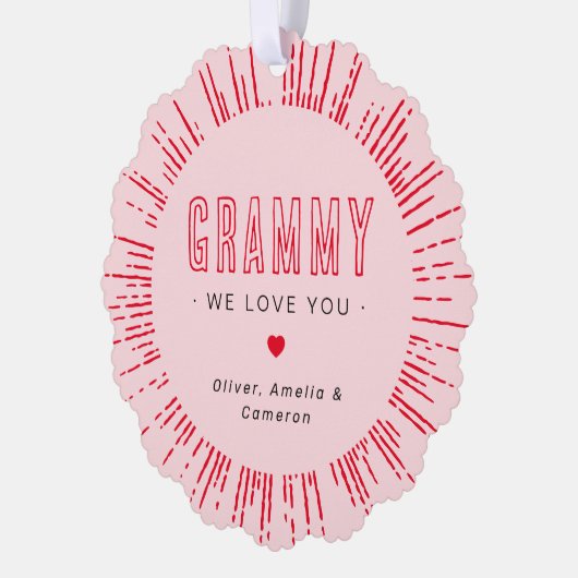 グラミー私たちは、あなたを愛する写真ハートピンクの母親の日 オーナメントカード (左)