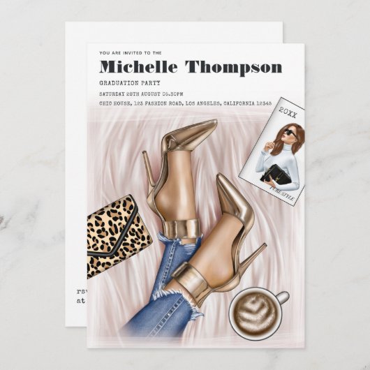 グラミー・チック ゴールド ファッションショー 卒業パーティー 招待状 (正面/裏面)