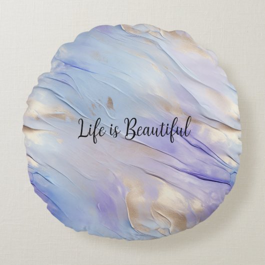 グラムかわいらし金ゴールドパープルパールホワイトフラワーズ ラウンドクッション (正面)