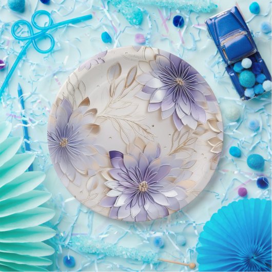 グラムかわいらし金ゴールドパープルパールホワイトフローラ ペーパープレート (パーティー)