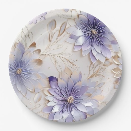 グラムかわいらし金ゴールドパープルパールホワイトフローラ ペーパープレート (正面)