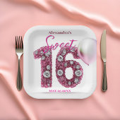 グラムきらめくシックピンク&ホワイトジェムストーンスウィート16 ペーパープレート