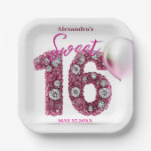 グラムきらめくシックピンク&ホワイトジェムストーンスウィート16 ペーパープレート (正面)