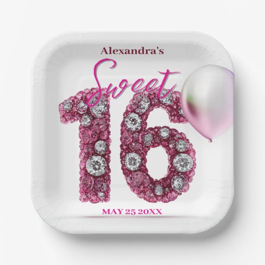 グラムきらめくシックピンク&ホワイトジェムストーンスウィート16 ペーパープレート (正面)