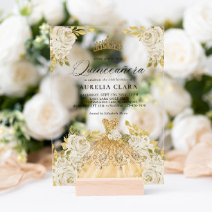 グラムアイボリー金ゴールドドレスフローラ15thキンセアニラ アクリル招待状