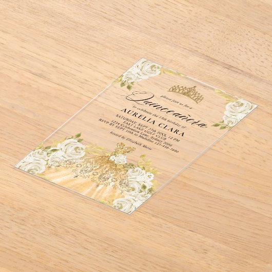 グラムアイボリー金ゴールドドレスフローラ15thキンセアニラ アクリル招待状 (レイダウン)