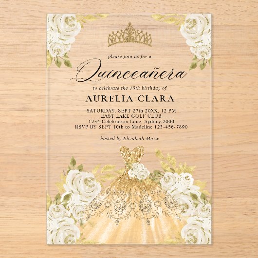 グラムアイボリー金ゴールドドレスフローラ15thキンセアニラ アクリル招待状 (正面)