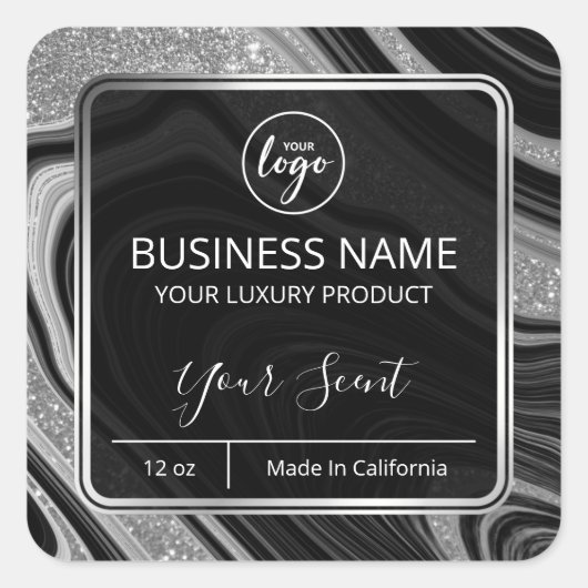 グラムアガテシルバーグリッターブラックキャンドルラベル スクエアシール (正面)
