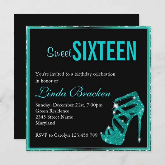 グラムアクアグリッターハイヒールSweet sixteen招待状 招待状 (正面/裏面)