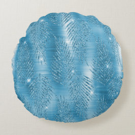 グラムアクアブルートロピカルグリッター葉 ラウンドクッション