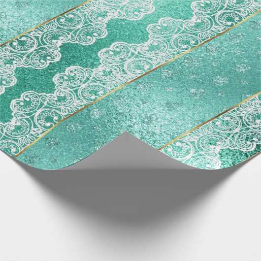 グラムアクアミントグリーンゴールデンフォイルホワイトレース ラッピングペーパー (角)