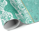 グラムアクアミントグリーンゴールデンフォイルホワイトレース ラッピングペーパー (ロールコーナー)