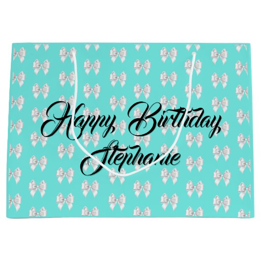 グラムアクア名前をカスタムするティファニーテーマホワイトボウ ラージペーパーバッグ (正面)