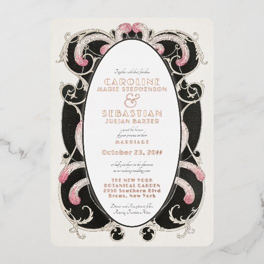 グラムアールデコギャツビーヴィンテージモノグラム結婚ズ金ゴールド 箔招待状 (正面)