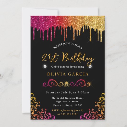グラムイエロー&ピンクグリッター21歳 招待状 (正面)