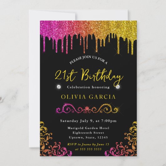 グラムイエロー&ピンクグリッター21歳 招待状 (正面)