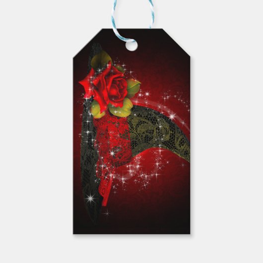 グラムウィッチハットレースのようブラック&レッドスパークルパーティー ギフトタグ (正面)