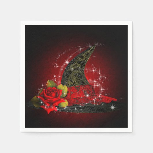 グラムウィッチハットレースのようブラック&レッドスパークルパーティー スタンダードカクテルナプキン (正面)