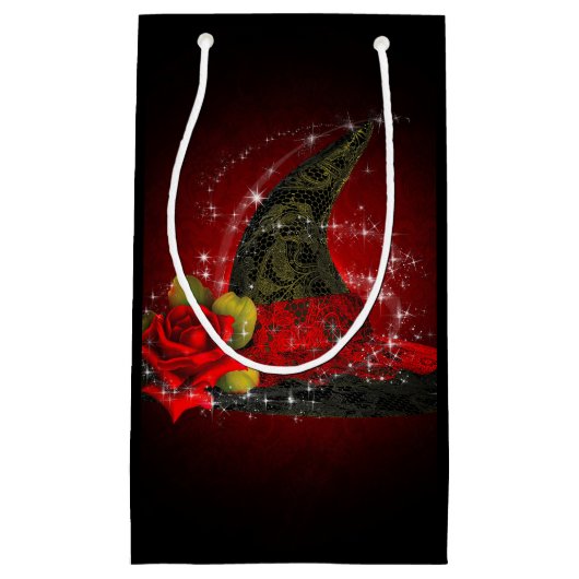 グラムウィッチハットレースのようブラック&レッドスパークルパーティー スモールペーパーバッグ (正面)