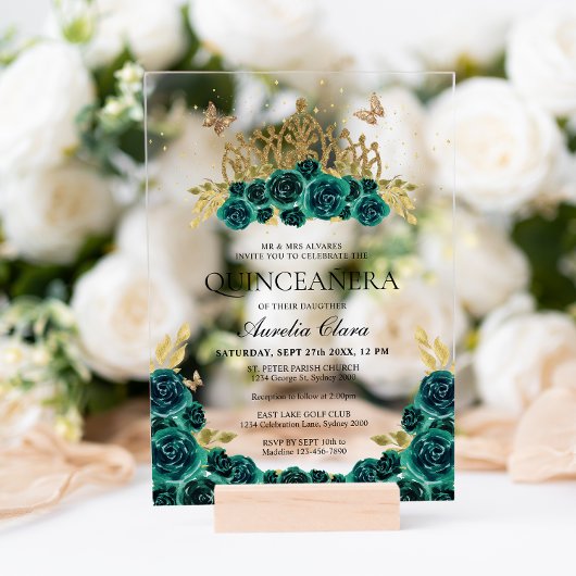 グラムエレガントグリーンフローラ金ゴールドティアラキンセアニェラ アクリル招待状