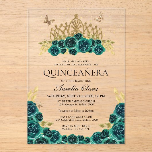 グラムエレガントグリーンフローラ金ゴールドティアラキンセアニェラ アクリル招待状 (正面)