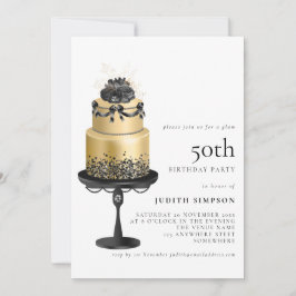 グラムエレガントケーキ花模様金ゴールドブラック50誕生日 招待状