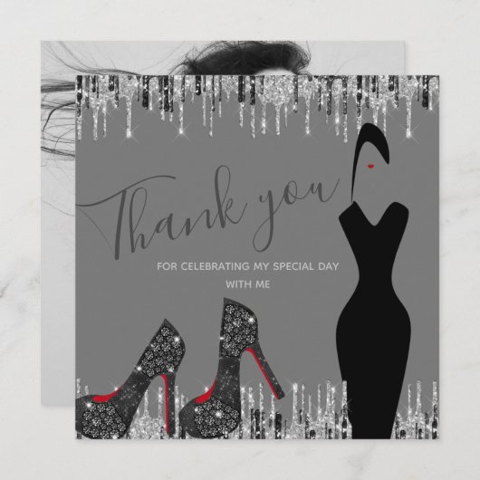 グラムエレガントシルバー金ゴールド50ファブ誕生日写真 サンキューカード (正面/裏面)