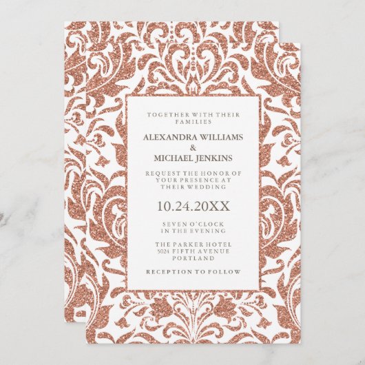 グラムエレガントバラフェイク金ゴールドグリッターダマスウェディング 招待状 (正面/裏面)