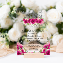 グラムエレガントピンクフローラシルバーティアラキンセアニェラ アクリル招待状